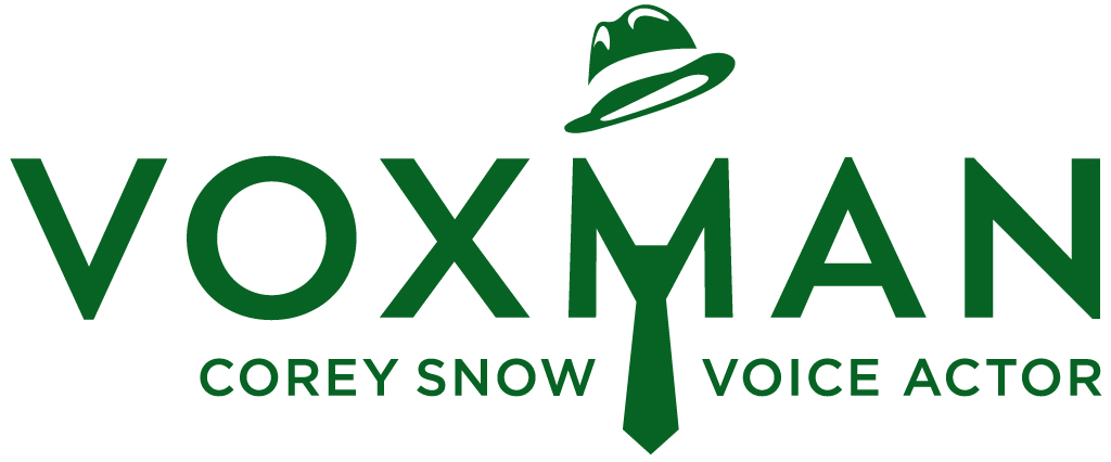 Logo for VoxMan Voiceovers- the word VOXMAN with a stylized hat above the M and a man's tie below, and the words "Corey Snow Voice Actor" underneath.