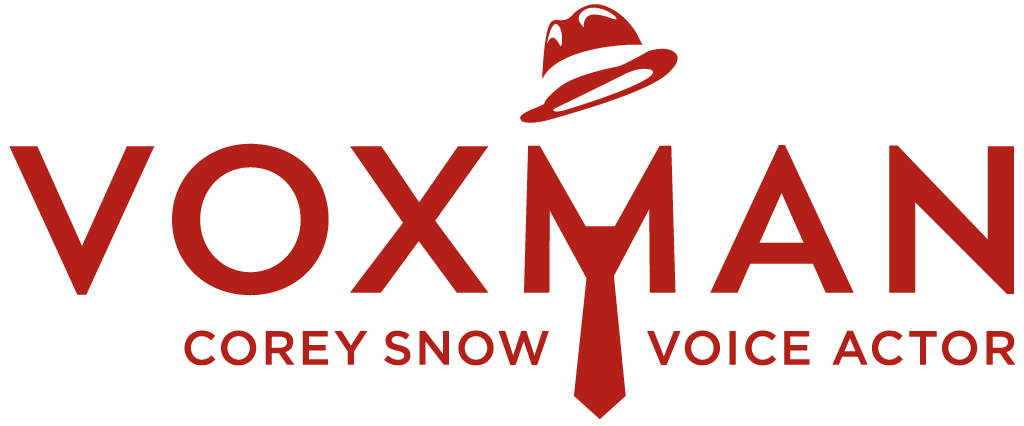 Logo for VoxMan Voiceovers- the word VOXMAN with a stylized hat above the M and a man's tie below, and the words "Corey Snow Voice Actor" underneath.